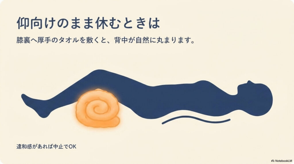 仰向けで休む時の図解。膝の裏に厚手のタオルを敷くと、背中が自然に丸まって楽になる