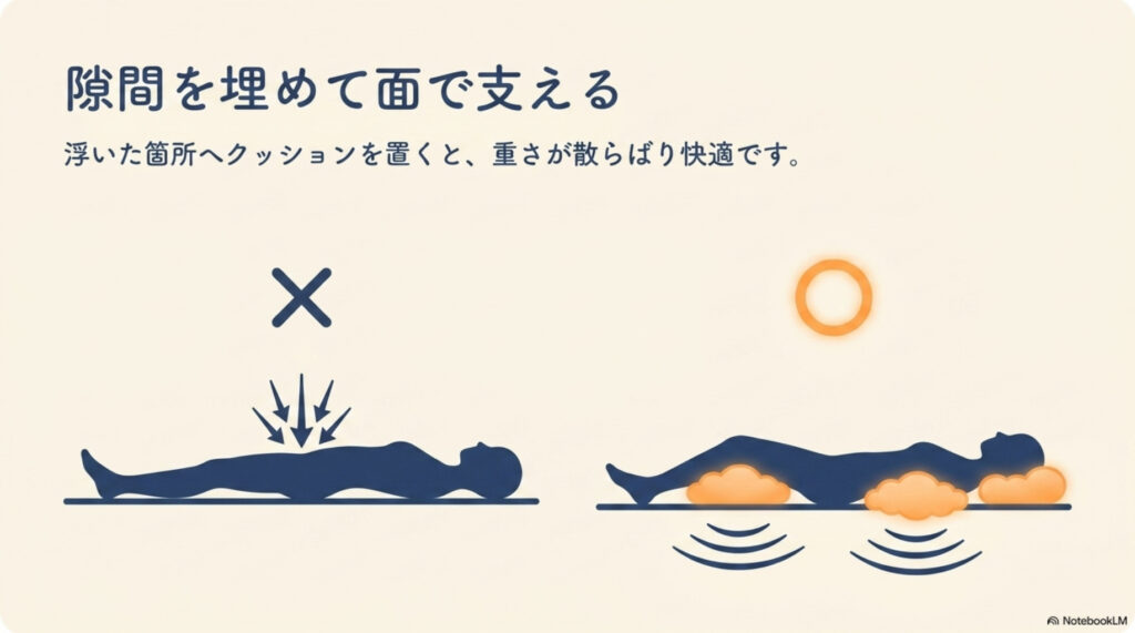 隙間を埋めて面で支える図解。浮いた箇所にクッションを置くと、腰の一点に集まっていた重さが分散する