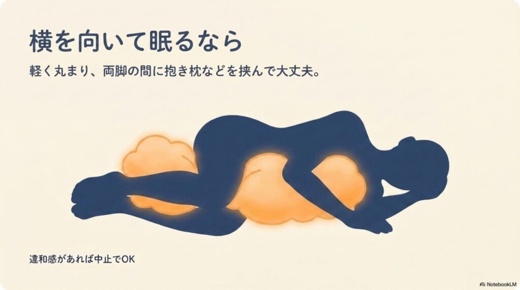 横向きで眠る時の図解。軽く丸まり、両脚の間に抱き枕やクッションを挟む
