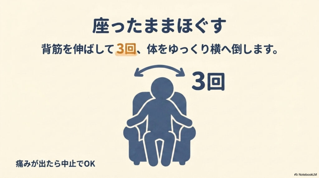 座ったままほぐすストレッチの図解。背筋を伸ばして3回、体をゆっくり横へ倒す。痛みが出たら中止でOK