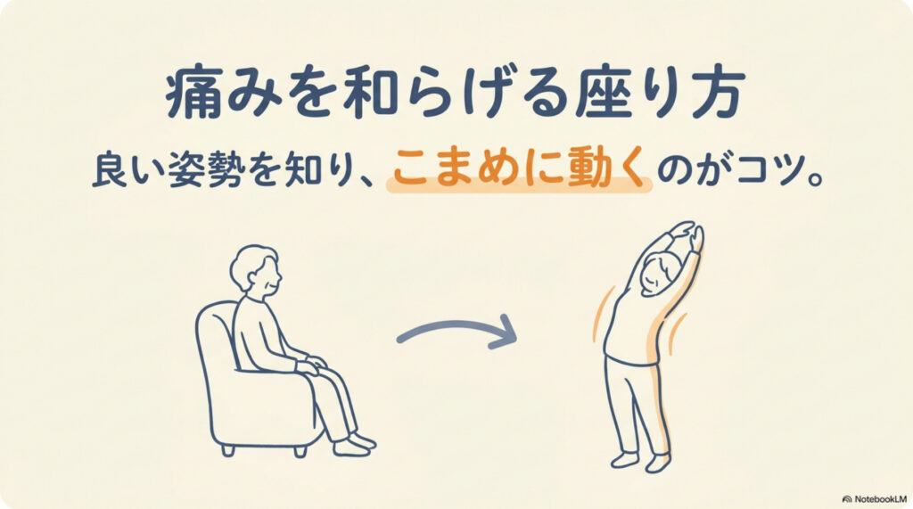 痛みを和らげる座り方の図解。良い姿勢を知り、こまめに動くのがコツ