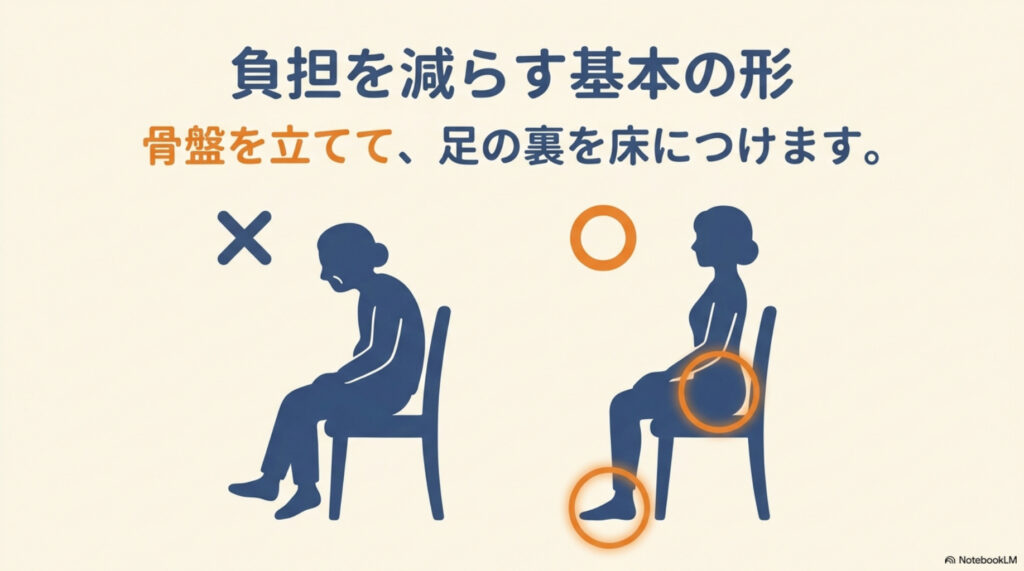 負担を減らす基本の座り方の図解。骨盤を立てて、足の裏を床につける。丸まった座り方は×