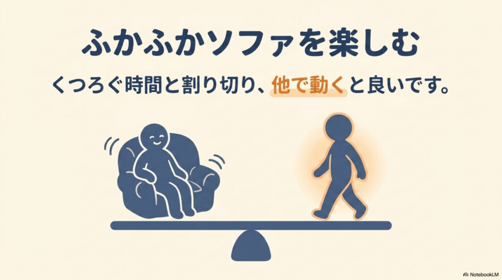ふかふかソファとの付き合い方の図解。くつろぐ時間と割り切り、他の時間で動くと良い