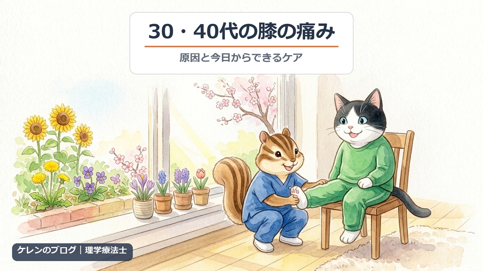 30・40代の膝の痛みの原因とケア（猫とリスのイラスト）
