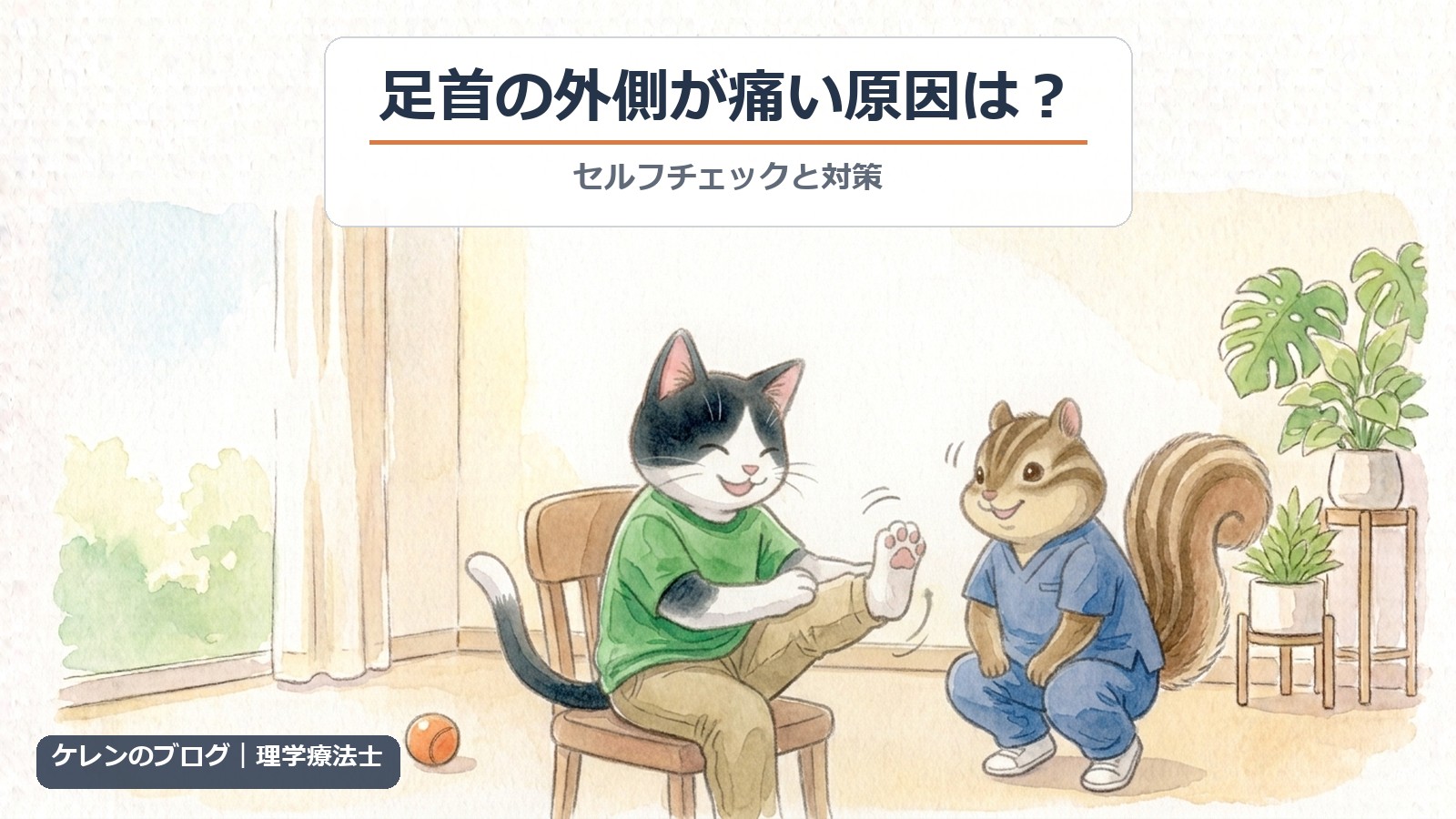 足首の外側が痛い原因とセルフチェック（猫とリスのイラスト）