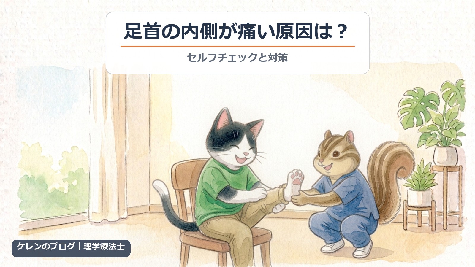 足首の内側が痛い原因とセルフチェック（猫とリスのイラスト）