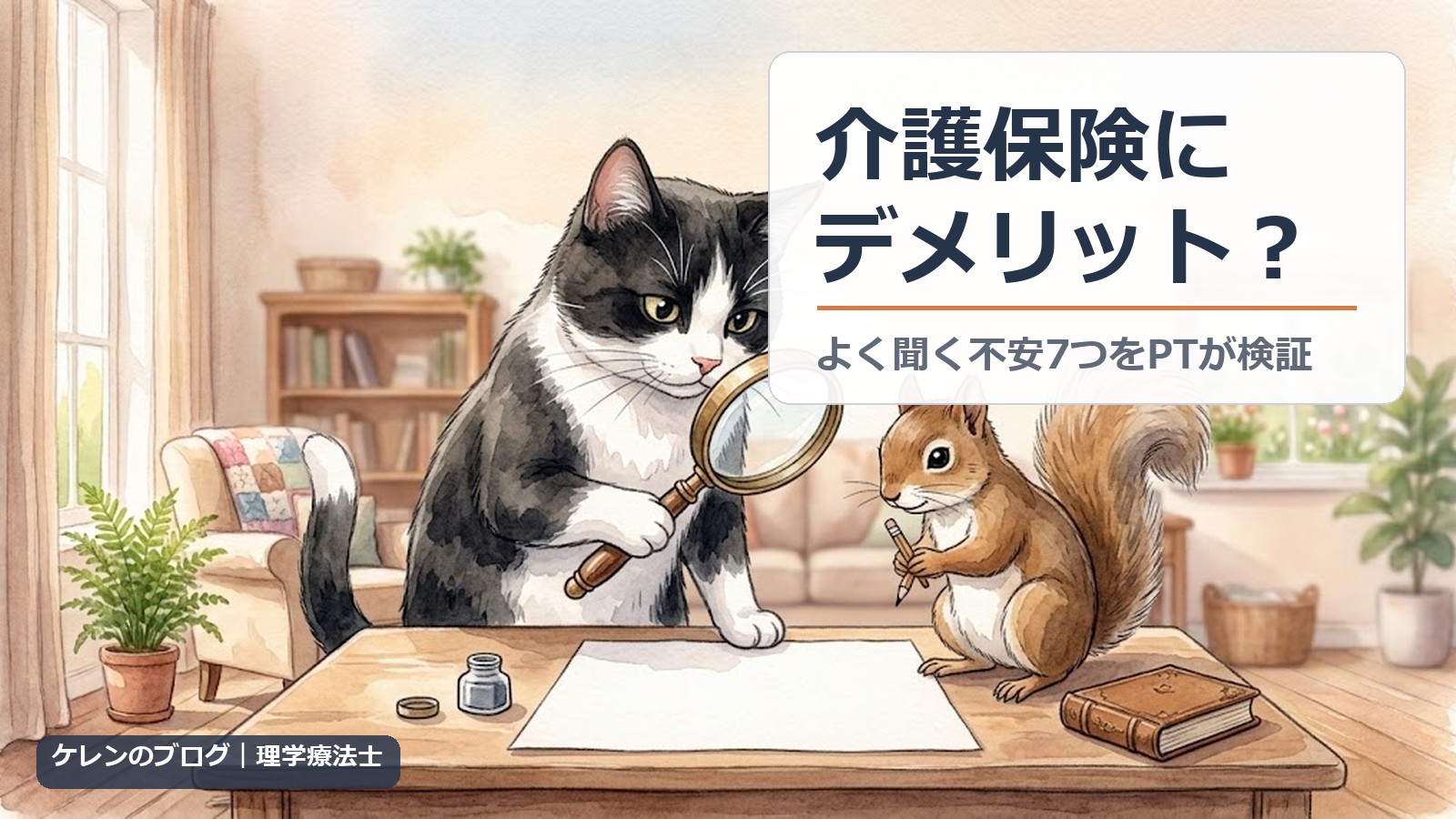 虫眼鏡でチェックする猫と鉛筆を持つリスのイラスト。介護保険にデメリット？よく聞く不安7つをPTが検証
