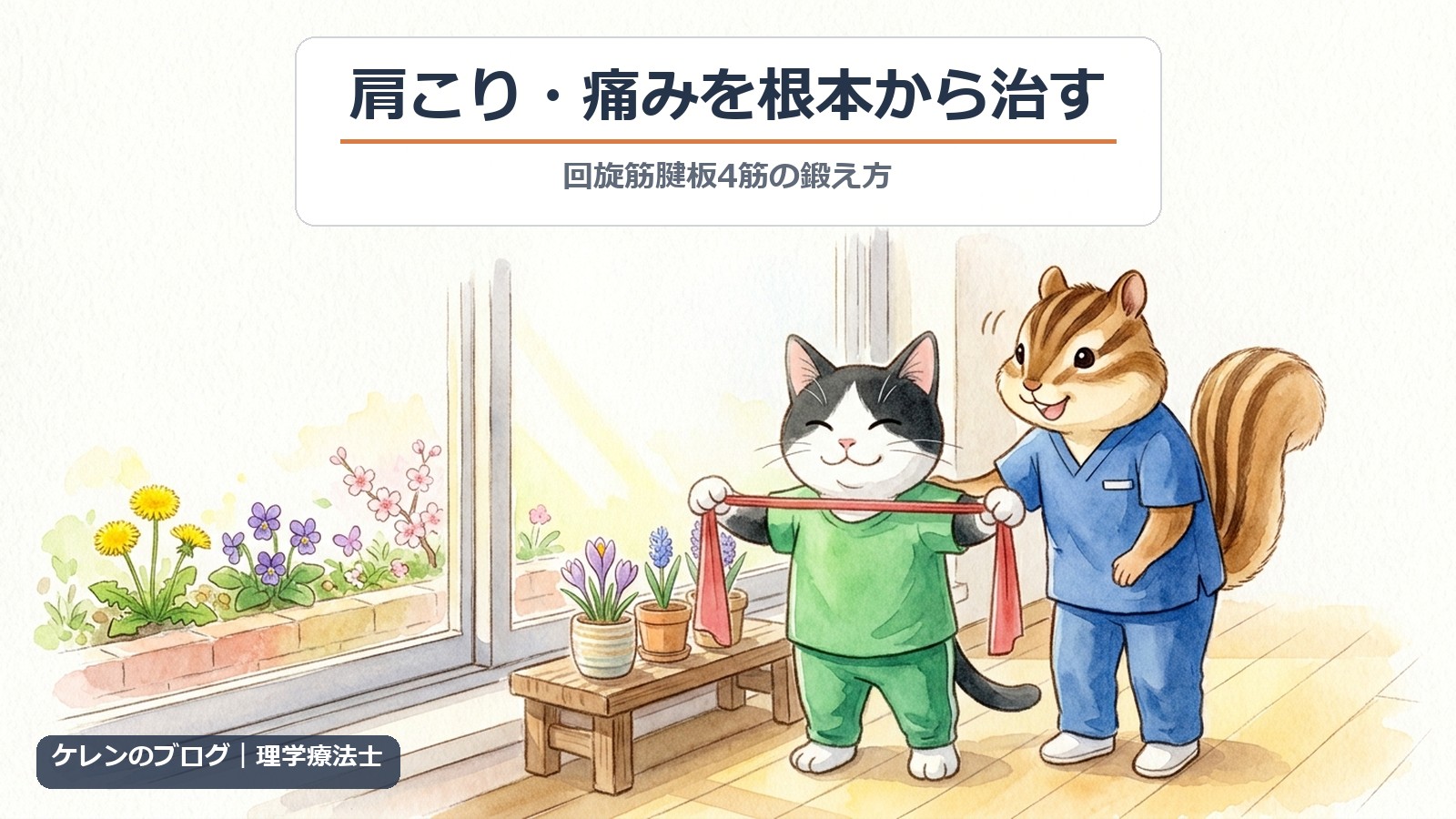 肩こり・痛みを根本から治す回旋筋腱板の鍛え方（猫とリスのイラスト）