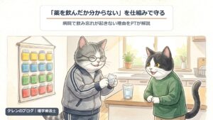 「薬を飲んだか分からない」を仕組みで守る｜お薬カレンダーから薬袋を取る親猫と見守るはちわれ猫のイラスト