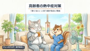 高齢者の熱中症対策｜麦茶を飲む親猫に理学療法士のリスが扇風機と温度計を示すイラスト