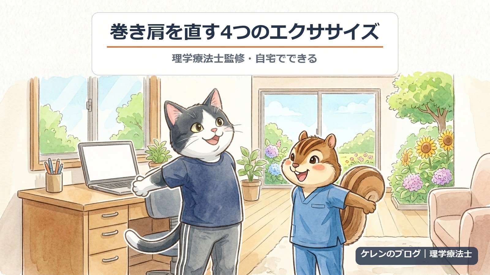 巻き肩を直す4つのエクササイズ｜理学療法士監修（猫とリスのイラスト）