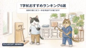 T字杖おすすめランキング6選｜高齢の親に合う一本を現役PTが選びます（猫とリスのイラスト）