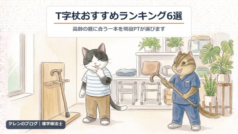 T字杖おすすめランキング6選｜高齢の親に合う一本を現役PTが選びます（猫とリスのイラスト）