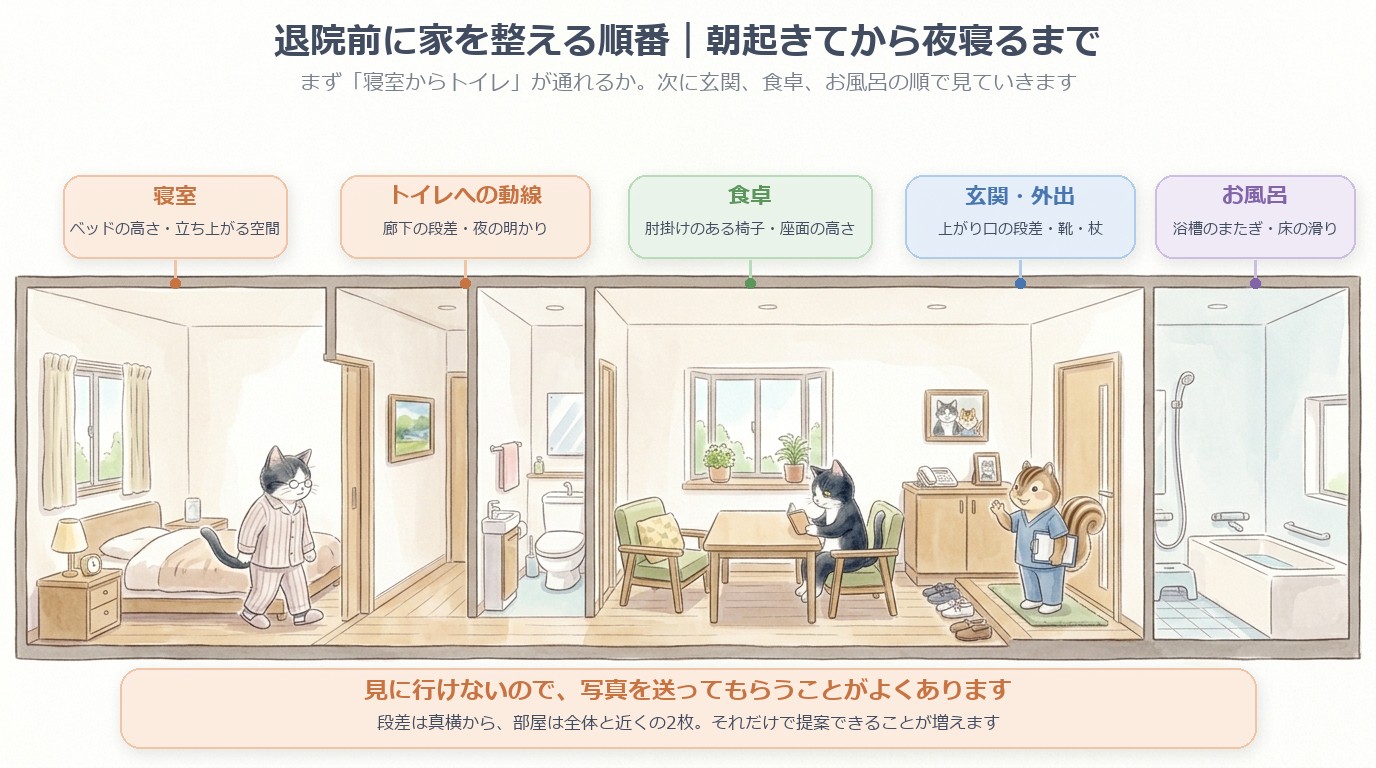 退院前に家を整える順番。①寝室②トイレへの動線③玄関・外出④食卓⑤お風呂。見に行けないので写真を送ってもらうことがよくある