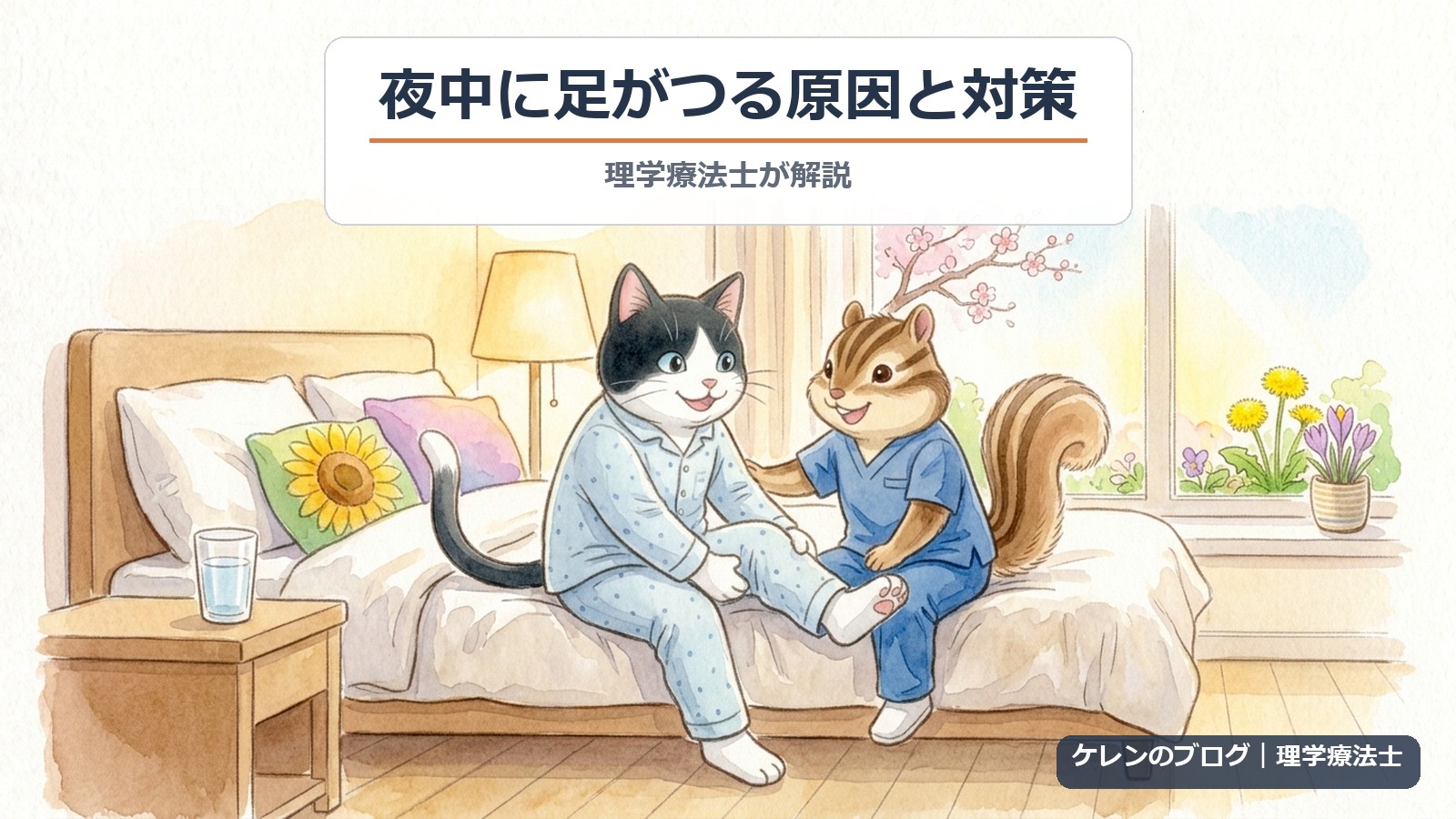 夜中に足がつる原因と対策｜理学療法士が解説（猫とリスのイラスト）
